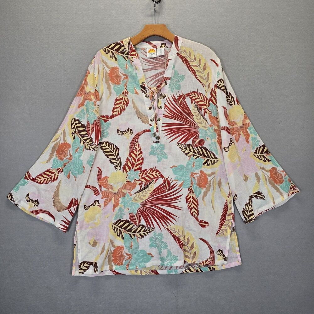 C&C California Women's Small Multi-Color Tropical Print Linen Blend Cover-Up